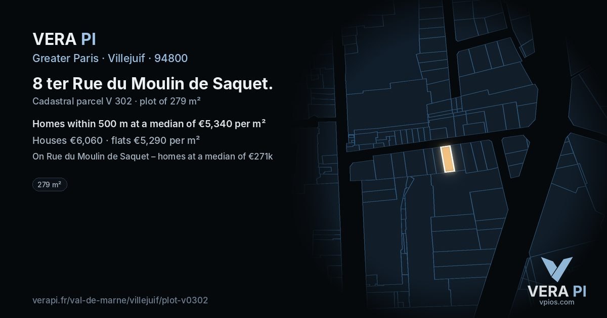 8 ter Rue du Moulin de Saquet, Villejuif at night – the plot lit, the parcels around coloured by the prices near them