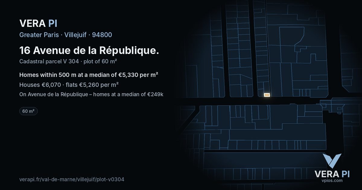 16 Avenue de la République, Villejuif at night – the plot lit, the parcels around coloured by the prices near them