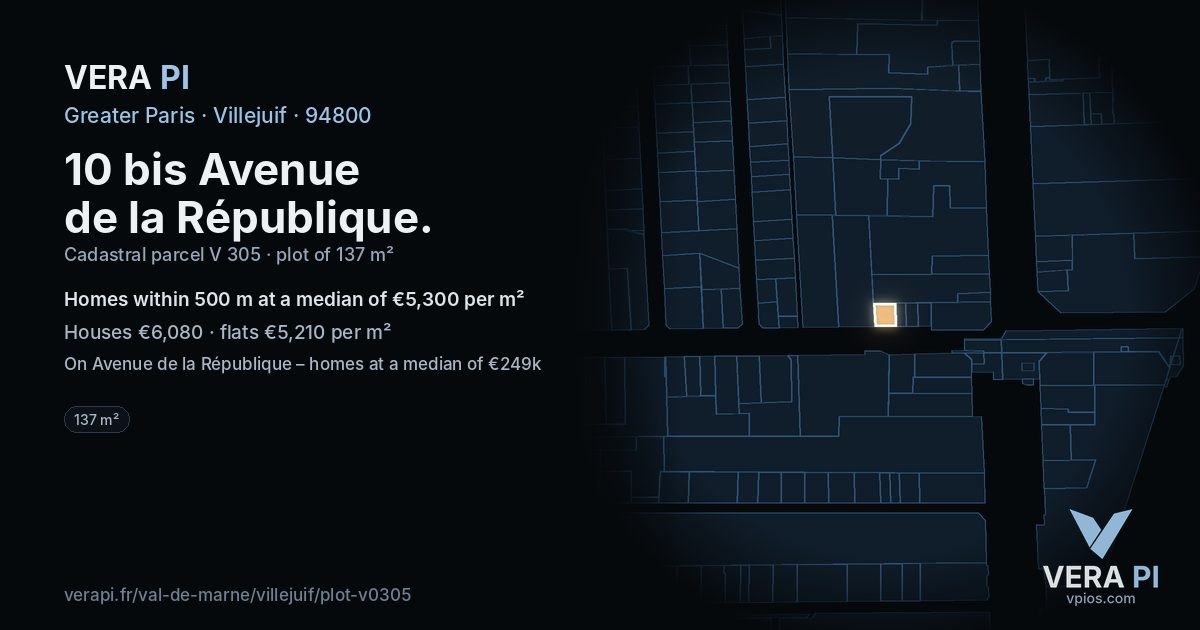 10 bis Avenue de la République, Villejuif at night – the plot lit, the parcels around coloured by the prices near them