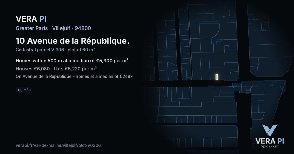 10 Avenue de la République, Villejuif at night – the plot lit, the parcels around coloured by the prices near them