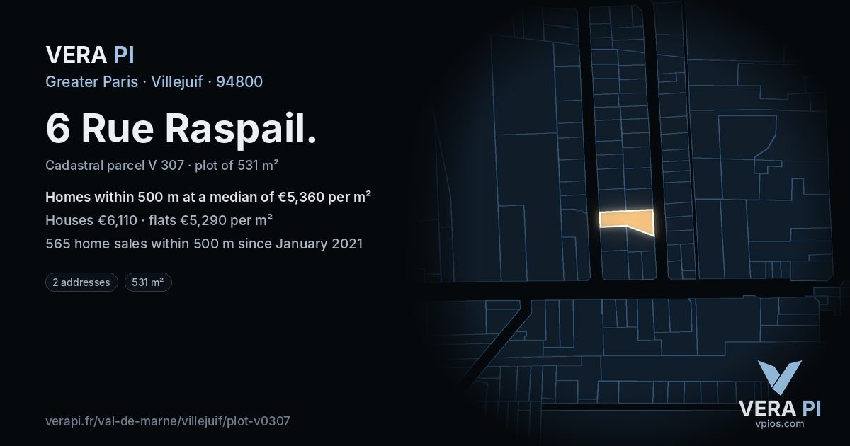 6 Rue Raspail, Villejuif at night – the plot lit, the parcels around coloured by the prices near them