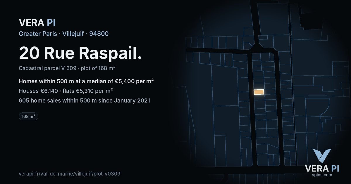 20 Rue Raspail, Villejuif at night – the plot lit, the parcels around coloured by the prices near them
