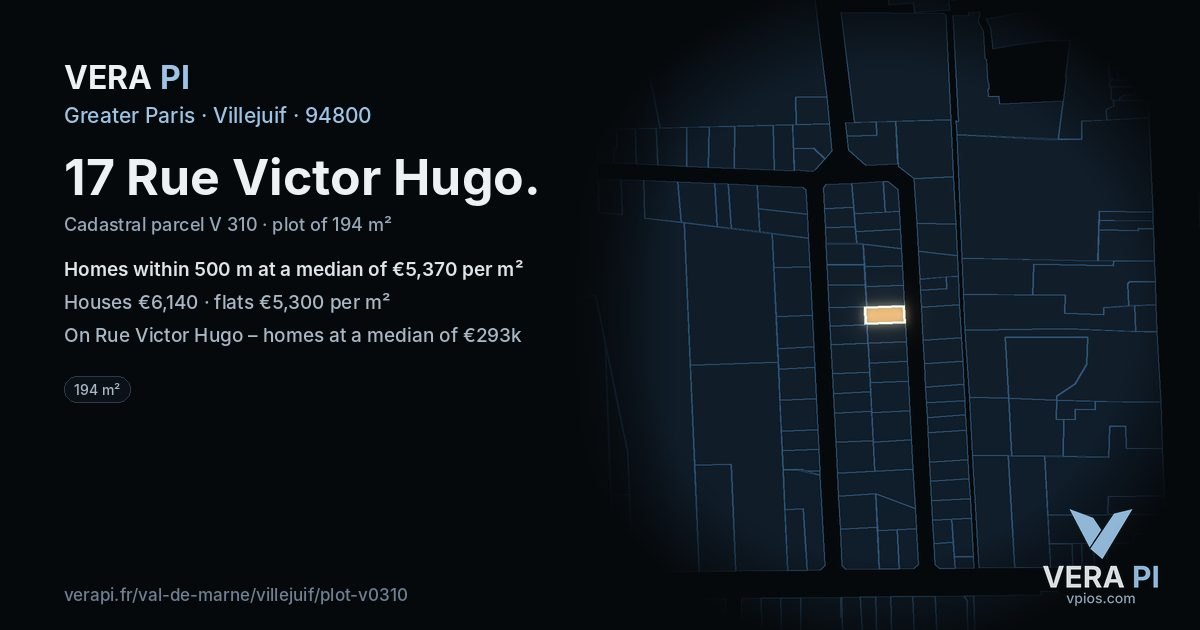 17 Rue Victor Hugo, Villejuif at night – the plot lit, the parcels around coloured by the prices near them