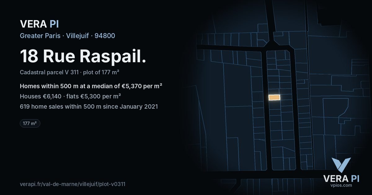 18 Rue Raspail, Villejuif at night – the plot lit, the parcels around coloured by the prices near them