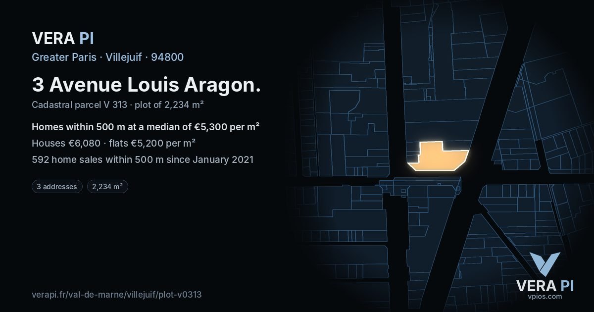 3 Avenue Louis Aragon, Villejuif at night – the plot lit, the parcels around coloured by the prices near them