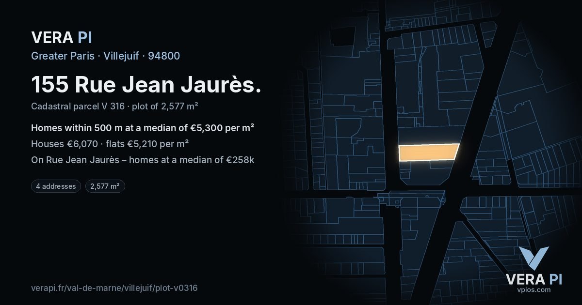 155 Rue Jean Jaurès, Villejuif at night – the plot lit, the parcels around coloured by the prices near them
