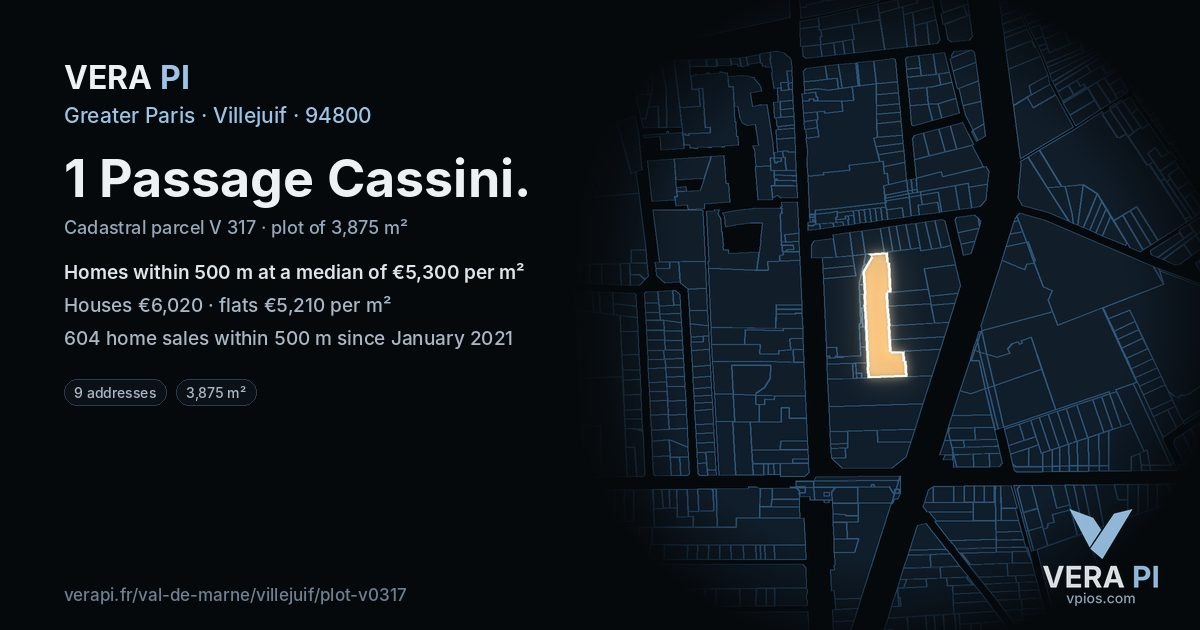 1 Passage Cassini, Villejuif at night – the plot lit, the parcels around coloured by the prices near them
