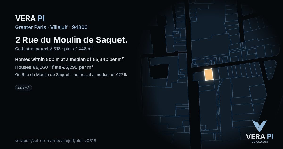 2 Rue du Moulin de Saquet, Villejuif at night – the plot lit, the parcels around coloured by the prices near them