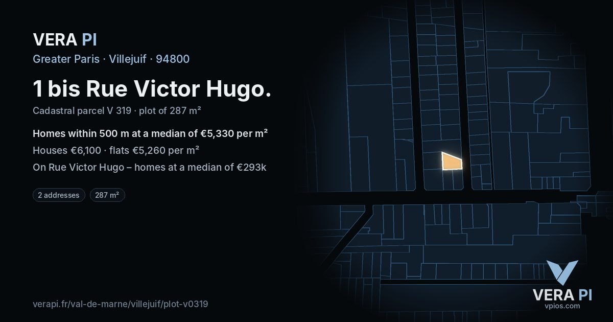 1 bis Rue Victor Hugo, Villejuif at night – the plot lit, the parcels around coloured by the prices near them