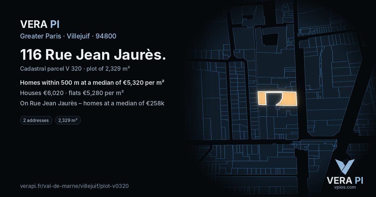 116 Rue Jean Jaurès, Villejuif at night – the plot lit, the parcels around coloured by the prices near them