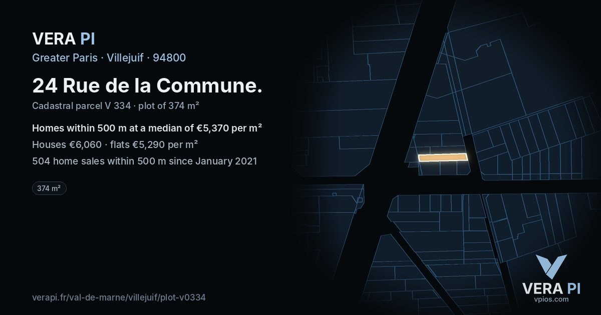 24 Rue de la Commune, Villejuif at night – the plot lit, the parcels around coloured by the prices near them