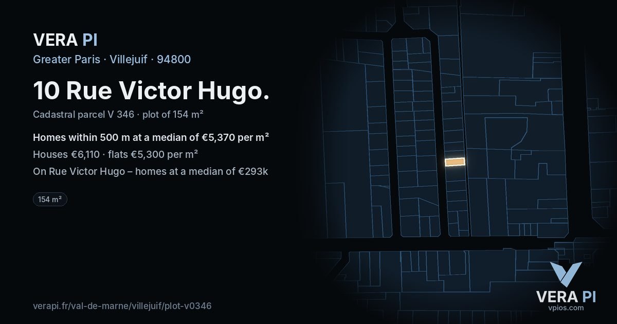 10 Rue Victor Hugo, Villejuif at night – the plot lit, the parcels around coloured by the prices near them