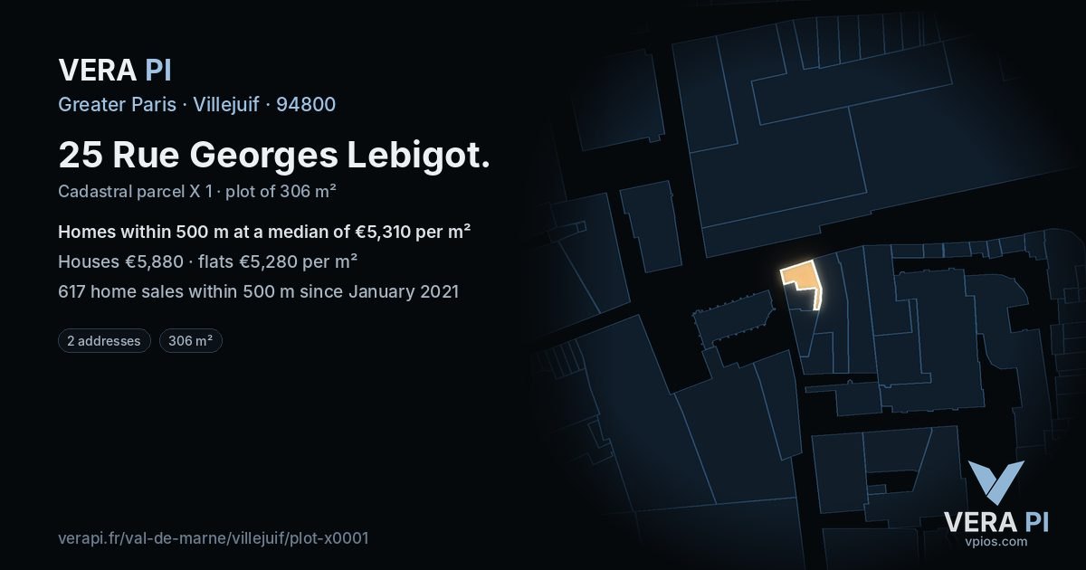 25 Rue Georges Lebigot, Villejuif at night – the plot lit, the parcels around coloured by the prices near them