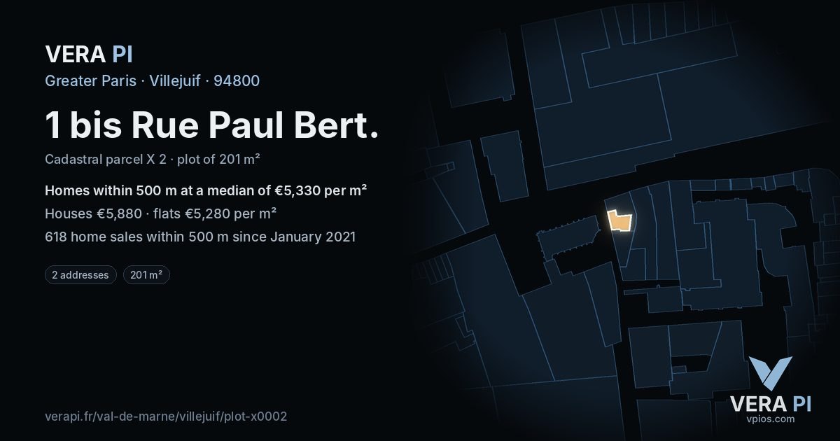 1 bis Rue Paul Bert, Villejuif at night – the plot lit, the parcels around coloured by the prices near them