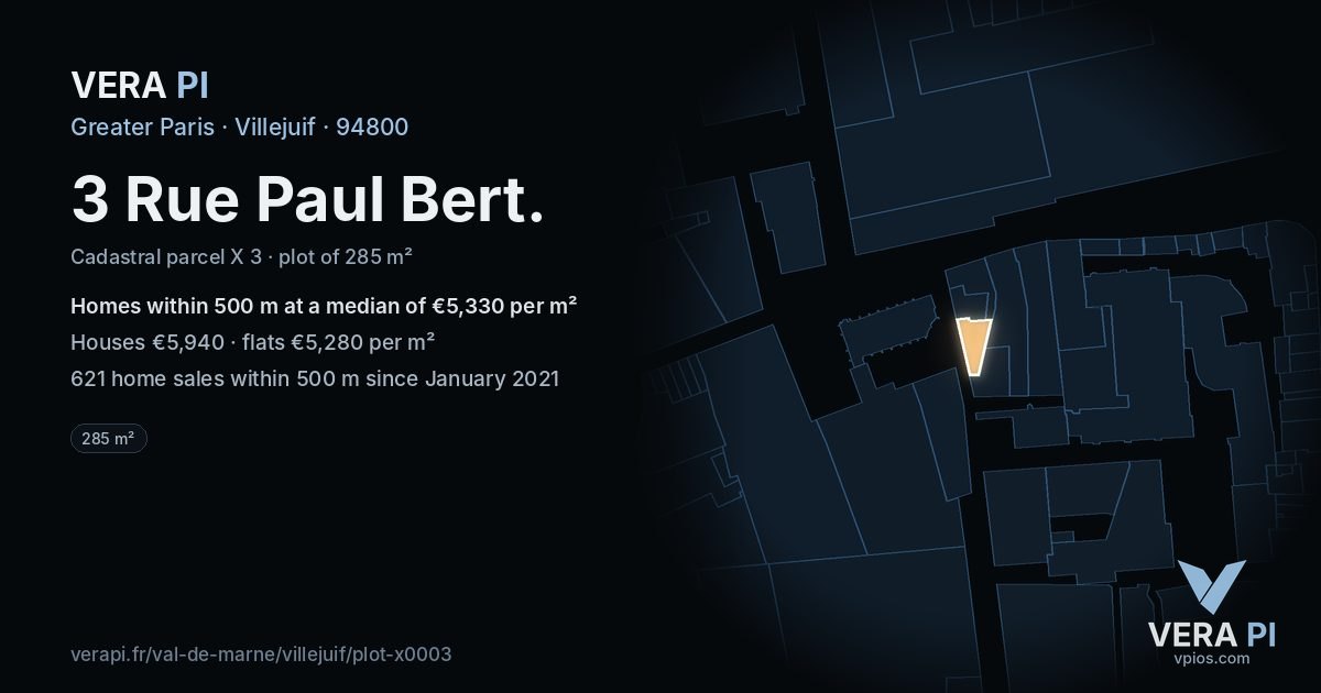 3 Rue Paul Bert, Villejuif at night – the plot lit, the parcels around coloured by the prices near them