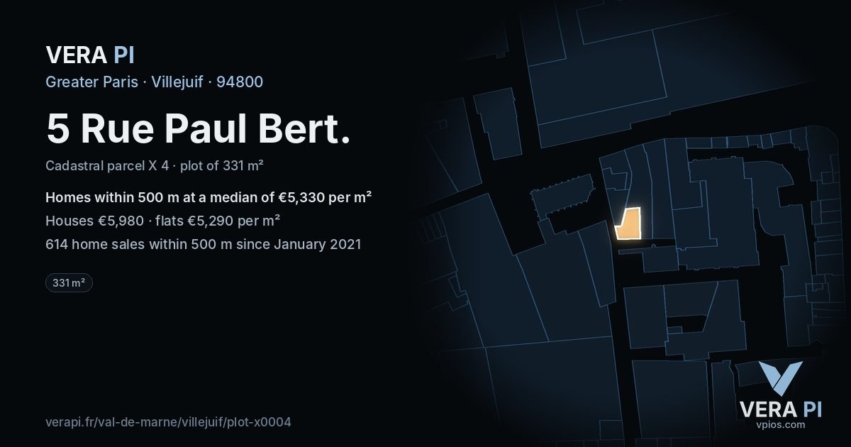 5 Rue Paul Bert, Villejuif at night – the plot lit, the parcels around coloured by the prices near them