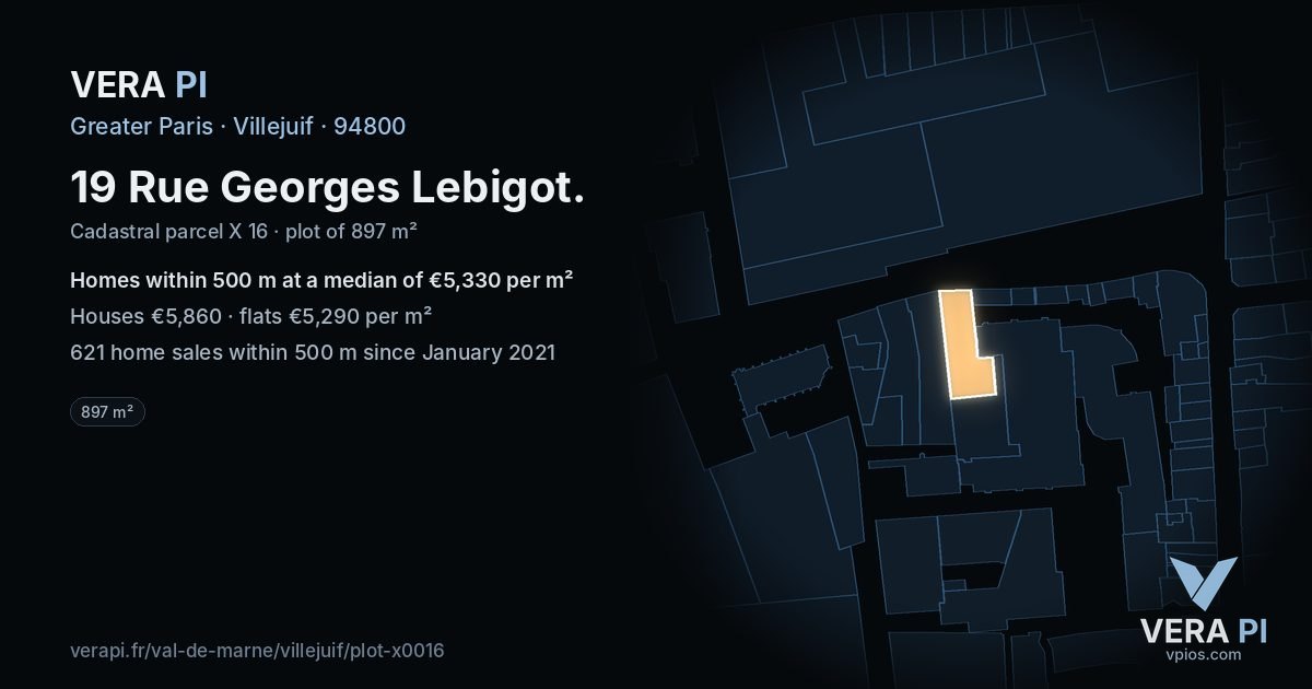 19 Rue Georges Lebigot, Villejuif at night – the plot lit, the parcels around coloured by the prices near them