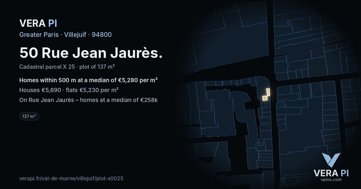 50 Rue Jean Jaurès, Villejuif at night – the plot lit, the parcels around coloured by the prices near them