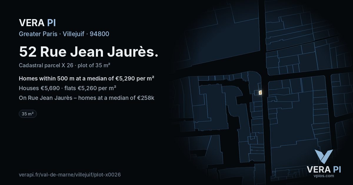 52 Rue Jean Jaurès, Villejuif at night – the plot lit, the parcels around coloured by the prices near them