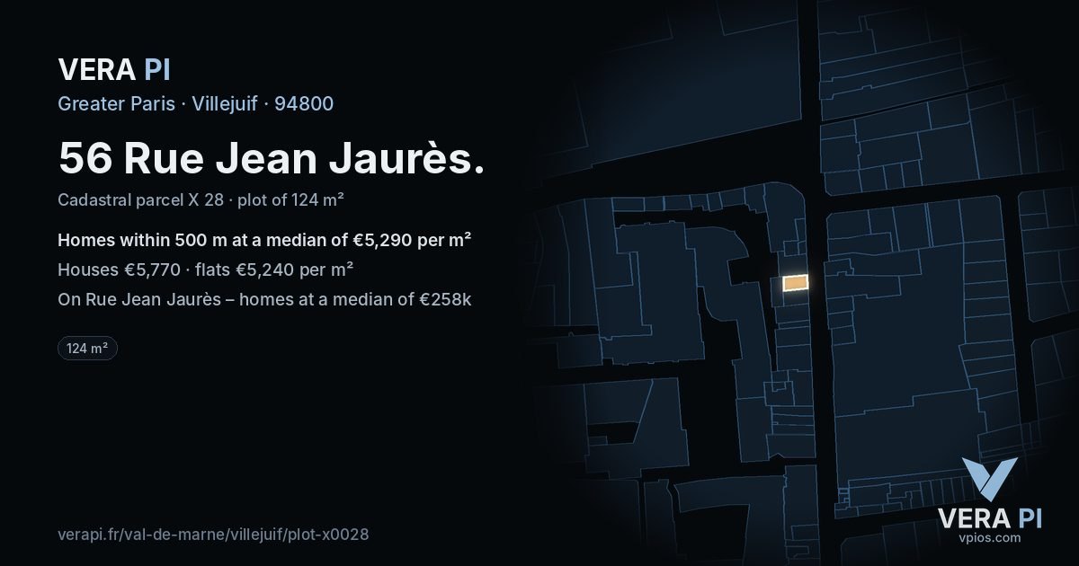 56 Rue Jean Jaurès, Villejuif at night – the plot lit, the parcels around coloured by the prices near them