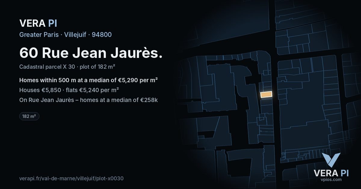60 Rue Jean Jaurès, Villejuif at night – the plot lit, the parcels around coloured by the prices near them
