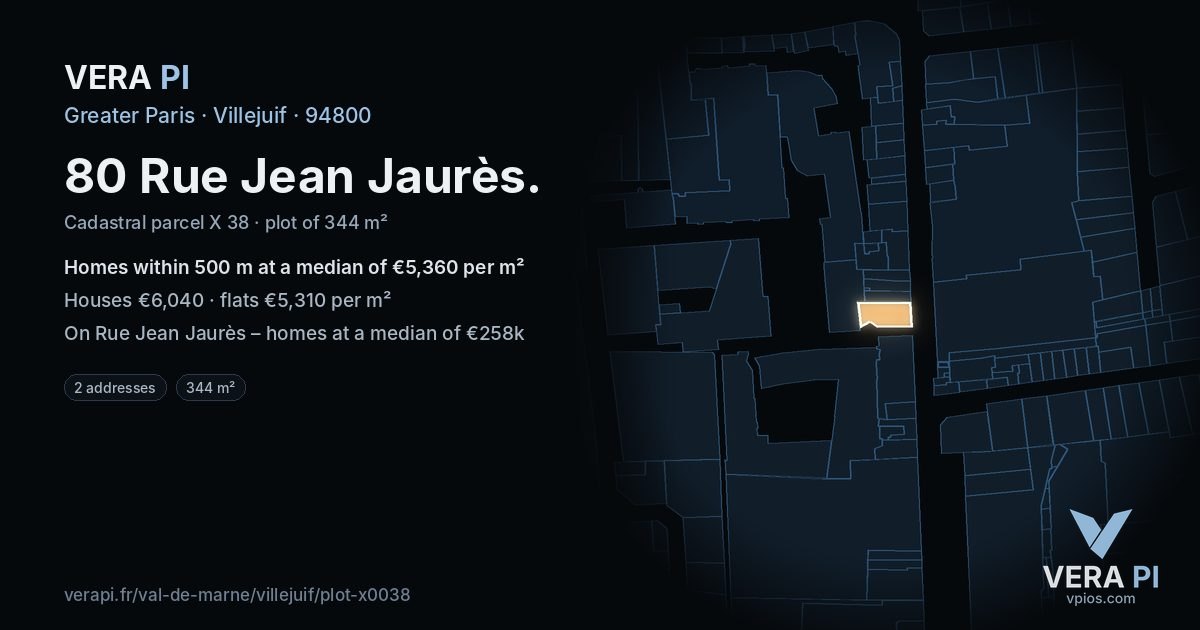 80 Rue Jean Jaurès, Villejuif at night – the plot lit, the parcels around coloured by the prices near them