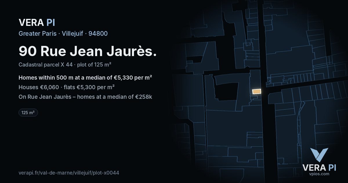 90 Rue Jean Jaurès, Villejuif at night – the plot lit, the parcels around coloured by the prices near them