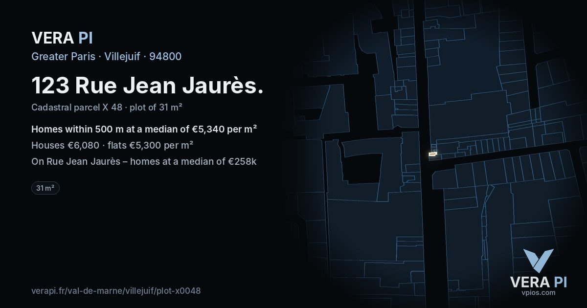 123 Rue Jean Jaurès, Villejuif at night – the plot lit, the parcels around coloured by the prices near them