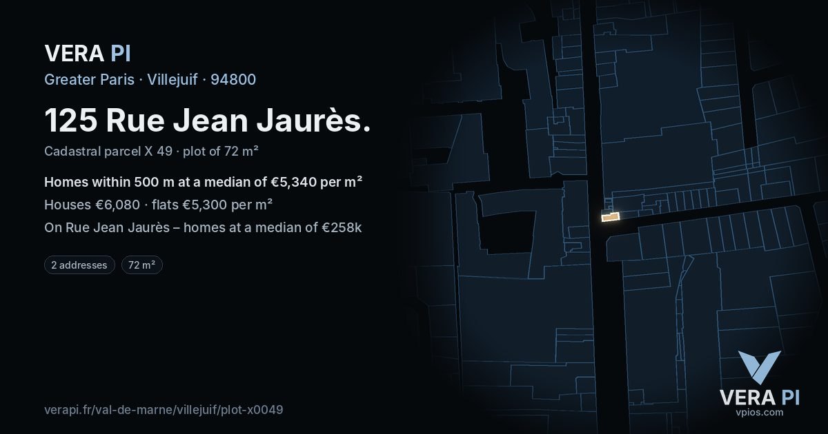 125 Rue Jean Jaurès, Villejuif at night – the plot lit, the parcels around coloured by the prices near them