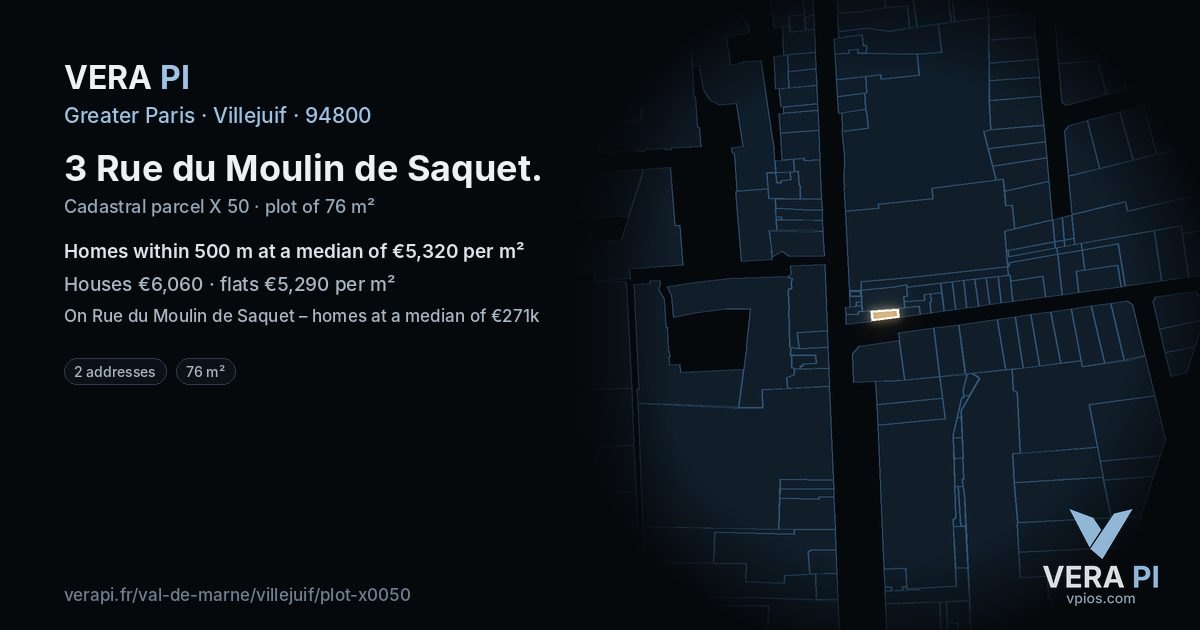 3 Rue du Moulin de Saquet, Villejuif at night – the plot lit, the parcels around coloured by the prices near them
