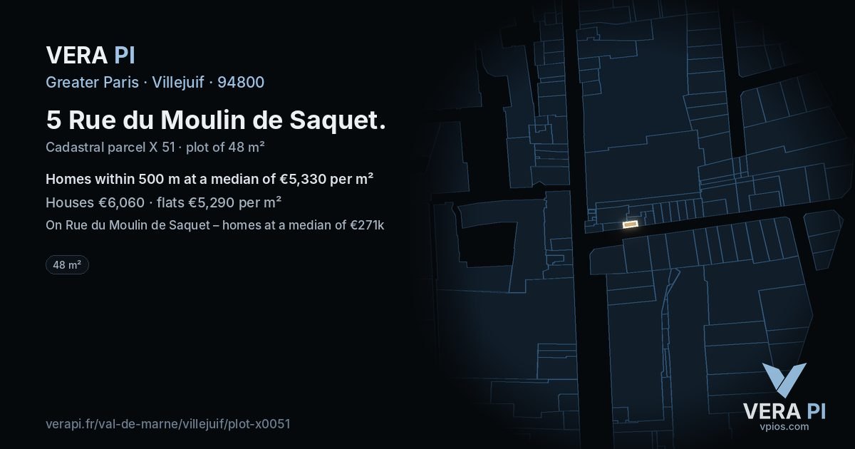 5 Rue du Moulin de Saquet, Villejuif at night – the plot lit, the parcels around coloured by the prices near them