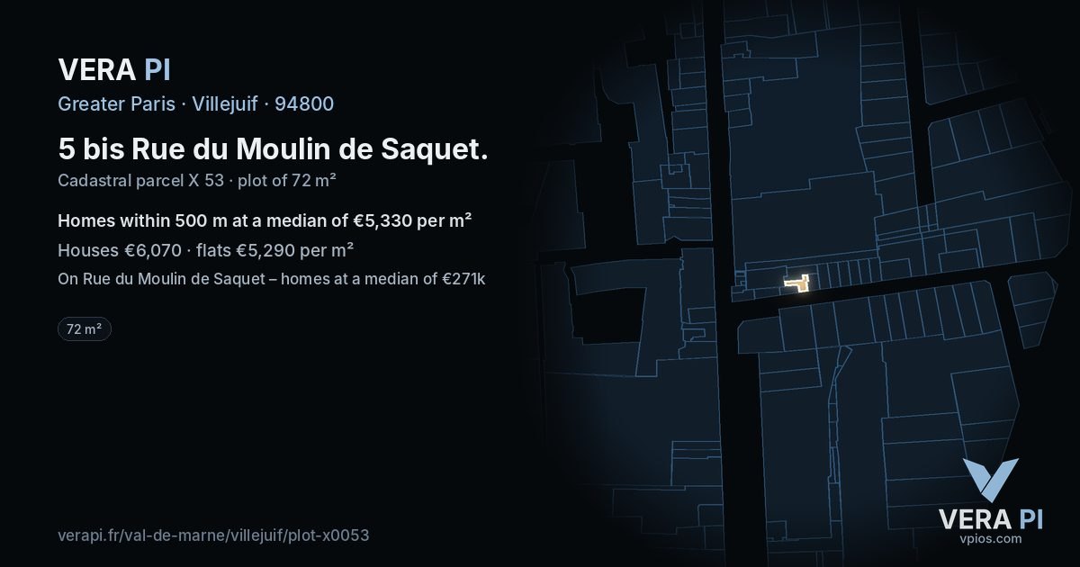 5 bis Rue du Moulin de Saquet, Villejuif at night – the plot lit, the parcels around coloured by the prices near them