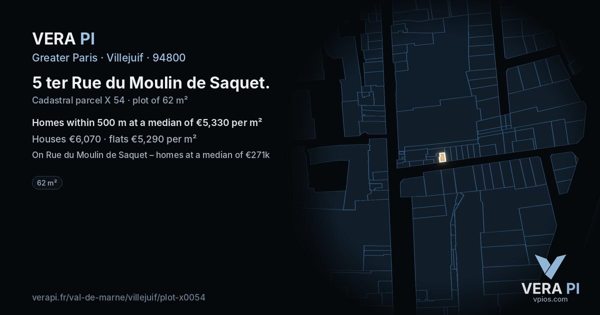 5 ter Rue du Moulin de Saquet, Villejuif at night – the plot lit, the parcels around coloured by the prices near them
