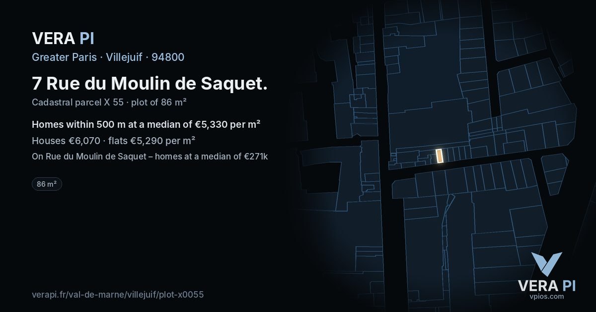 7 Rue du Moulin de Saquet, Villejuif at night – the plot lit, the parcels around coloured by the prices near them