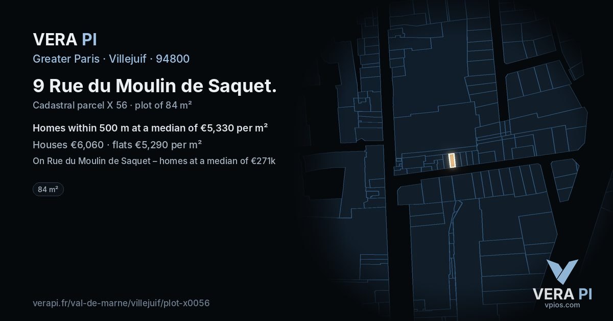 9 Rue du Moulin de Saquet, Villejuif at night – the plot lit, the parcels around coloured by the prices near them