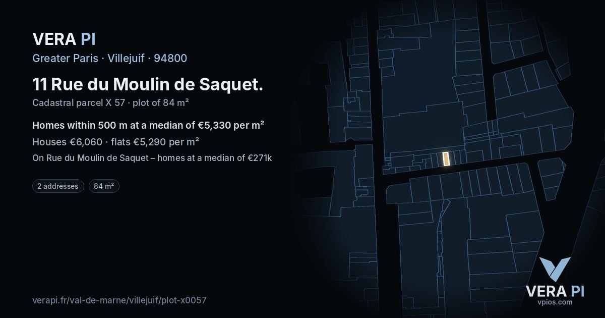 11 Rue du Moulin de Saquet, Villejuif at night – the plot lit, the parcels around coloured by the prices near them