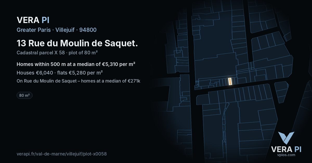 13 Rue du Moulin de Saquet, Villejuif at night – the plot lit, the parcels around coloured by the prices near them