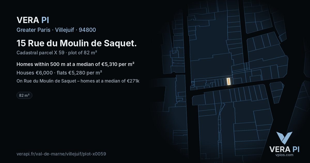 15 Rue du Moulin de Saquet, Villejuif at night – the plot lit, the parcels around coloured by the prices near them