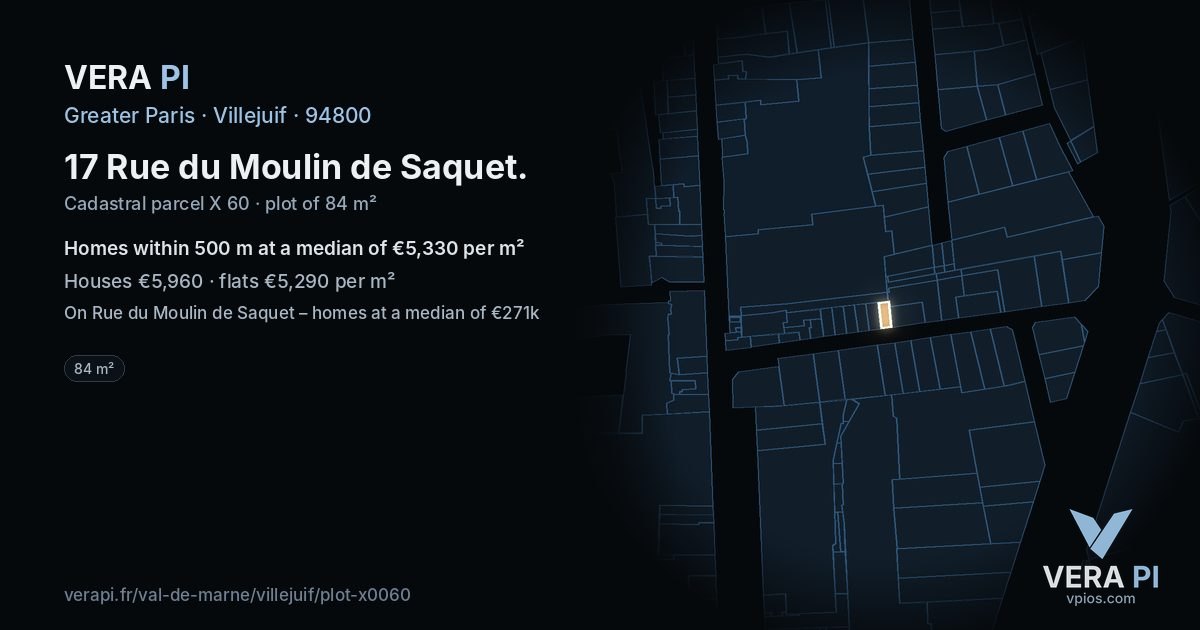 17 Rue du Moulin de Saquet, Villejuif at night – the plot lit, the parcels around coloured by the prices near them