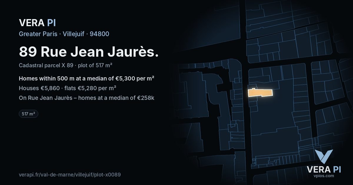 89 Rue Jean Jaurès, Villejuif at night – the plot lit, the parcels around coloured by the prices near them