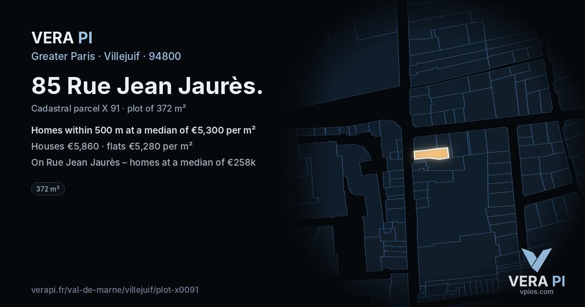 85 Rue Jean Jaurès, Villejuif at night – the plot lit, the parcels around coloured by the prices near them