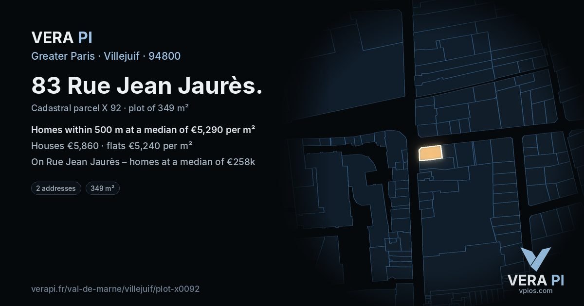 83 Rue Jean Jaurès, Villejuif at night – the plot lit, the parcels around coloured by the prices near them