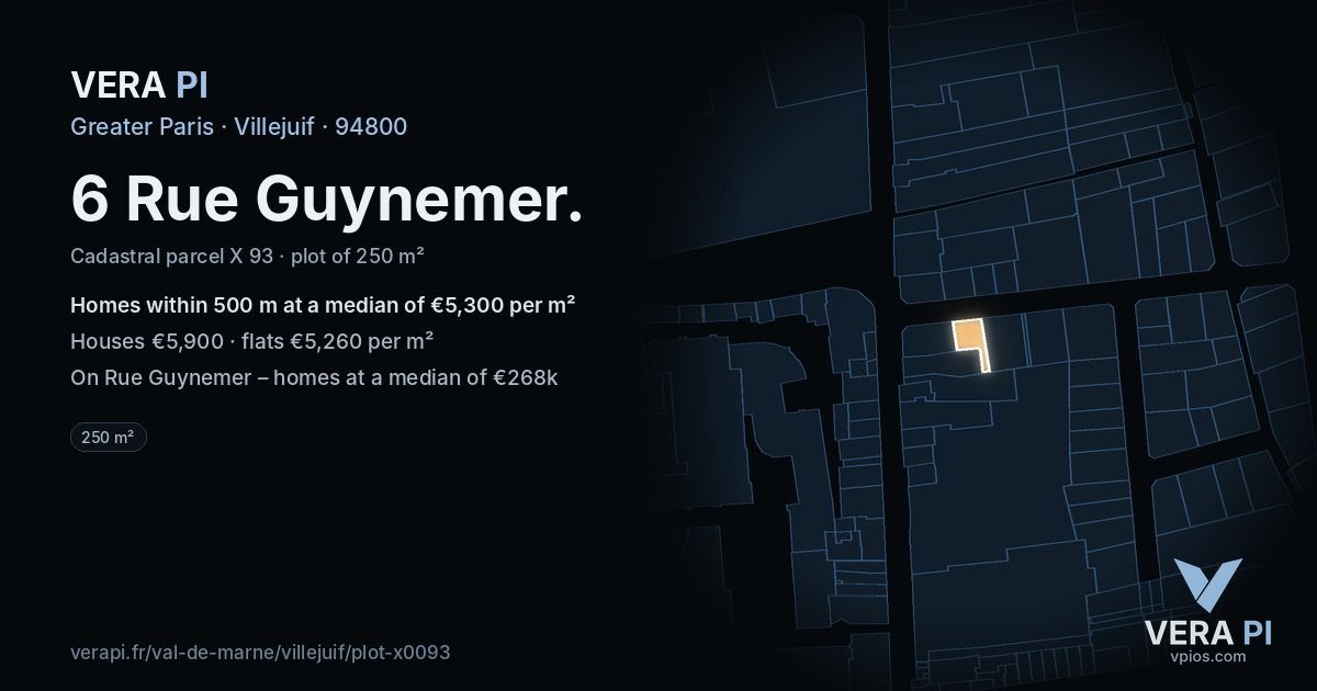 6 Rue Guynemer, Villejuif at night – the plot lit, the parcels around coloured by the prices near them