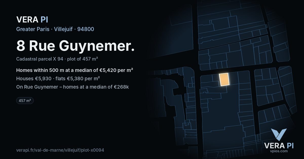 8 Rue Guynemer, Villejuif at night – the plot lit, the parcels around coloured by the prices near them