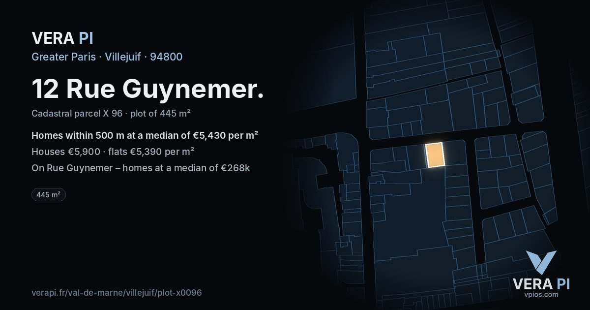 12 Rue Guynemer, Villejuif at night – the plot lit, the parcels around coloured by the prices near them