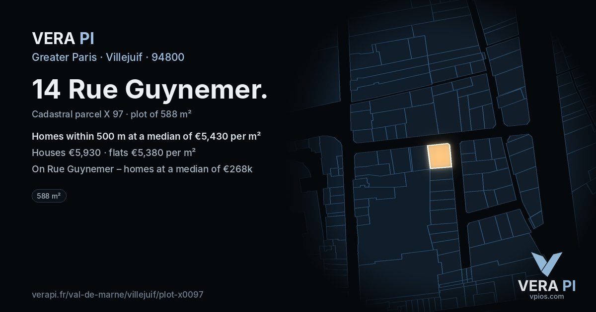 14 Rue Guynemer, Villejuif at night – the plot lit, the parcels around coloured by the prices near them