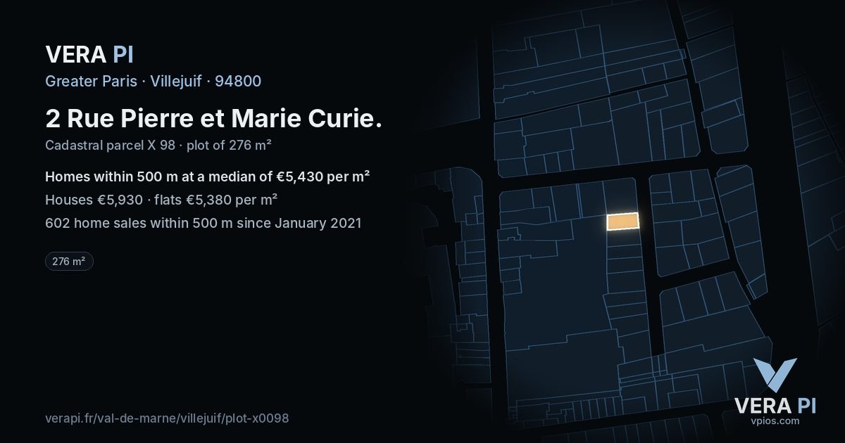 2 Rue Pierre et Marie Curie, Villejuif at night – the plot lit, the parcels around coloured by the prices near them