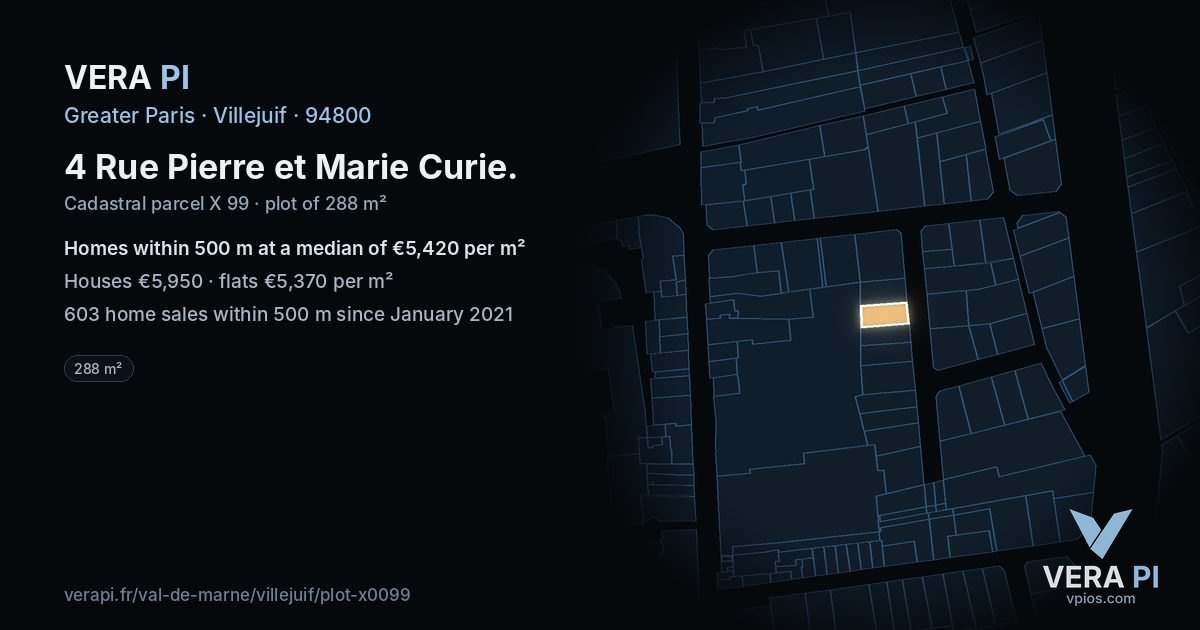 4 Rue Pierre et Marie Curie, Villejuif at night – the plot lit, the parcels around coloured by the prices near them