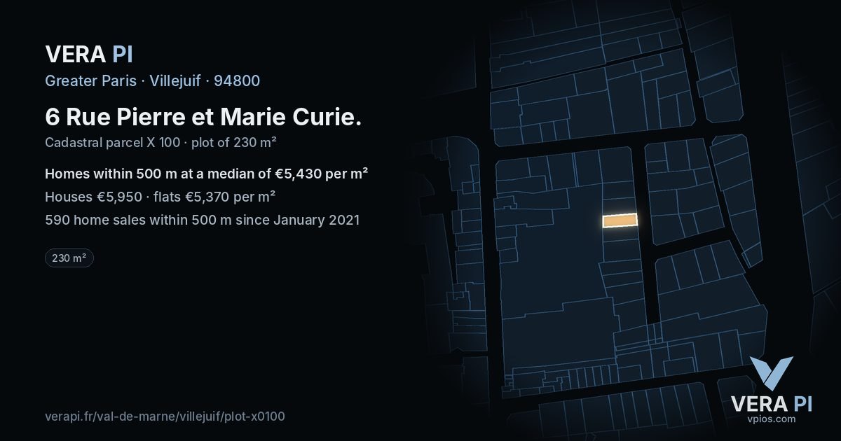 6 Rue Pierre et Marie Curie, Villejuif at night – the plot lit, the parcels around coloured by the prices near them
