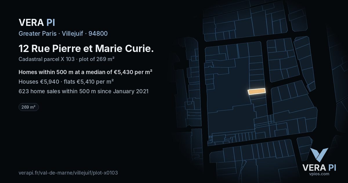 12 Rue Pierre et Marie Curie, Villejuif at night – the plot lit, the parcels around coloured by the prices near them